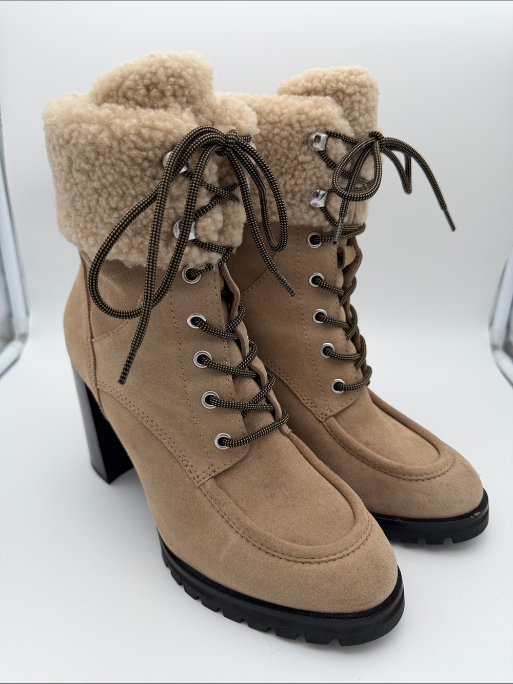 Paige Nina Suede Shearling Trimmed Lace Up Suede Boot 3.5“ Heeled Booties Size 9